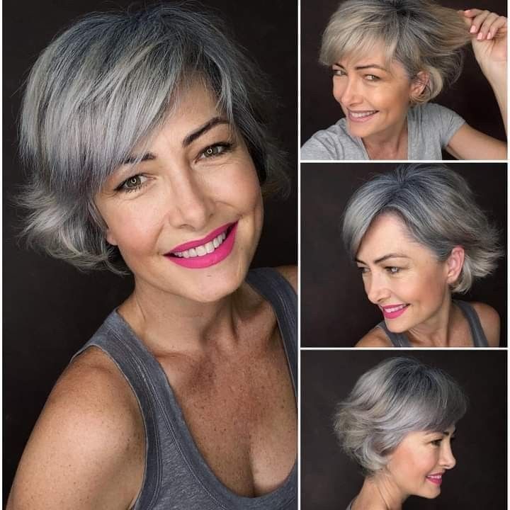 A mature woman with an ash blonde bob haircut