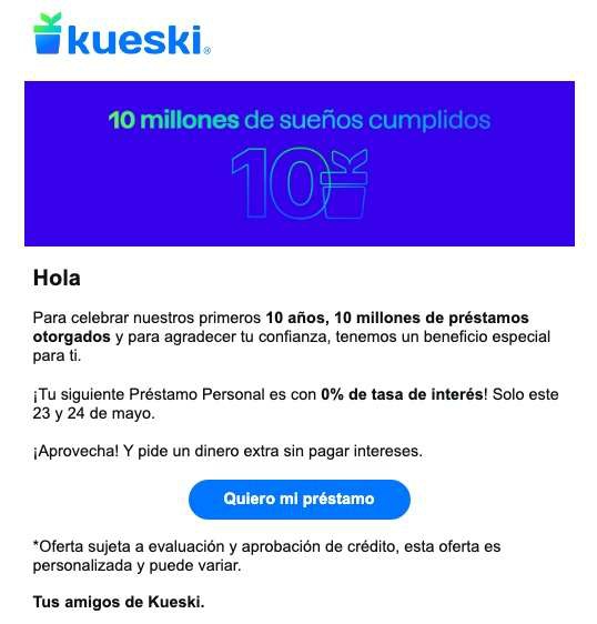 Tu primer préstamo Kueski al 0% de interés. 
