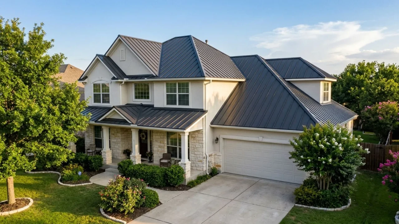 Completed standing seam metal roof replacement on residential home curb appeal