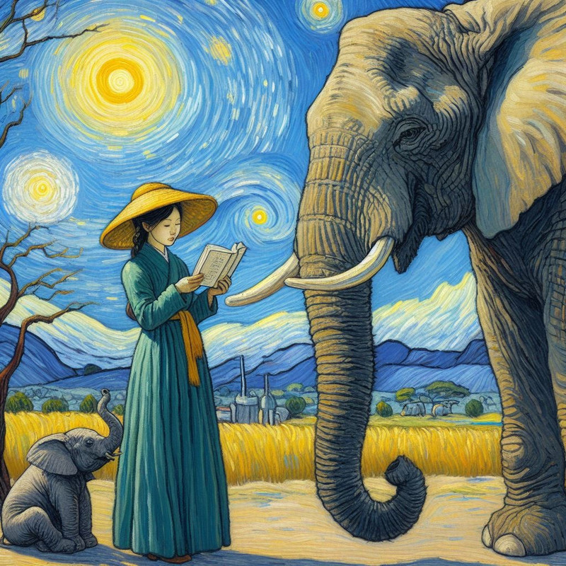 a lady reading haiku to an elephant in the style of Van Gogh