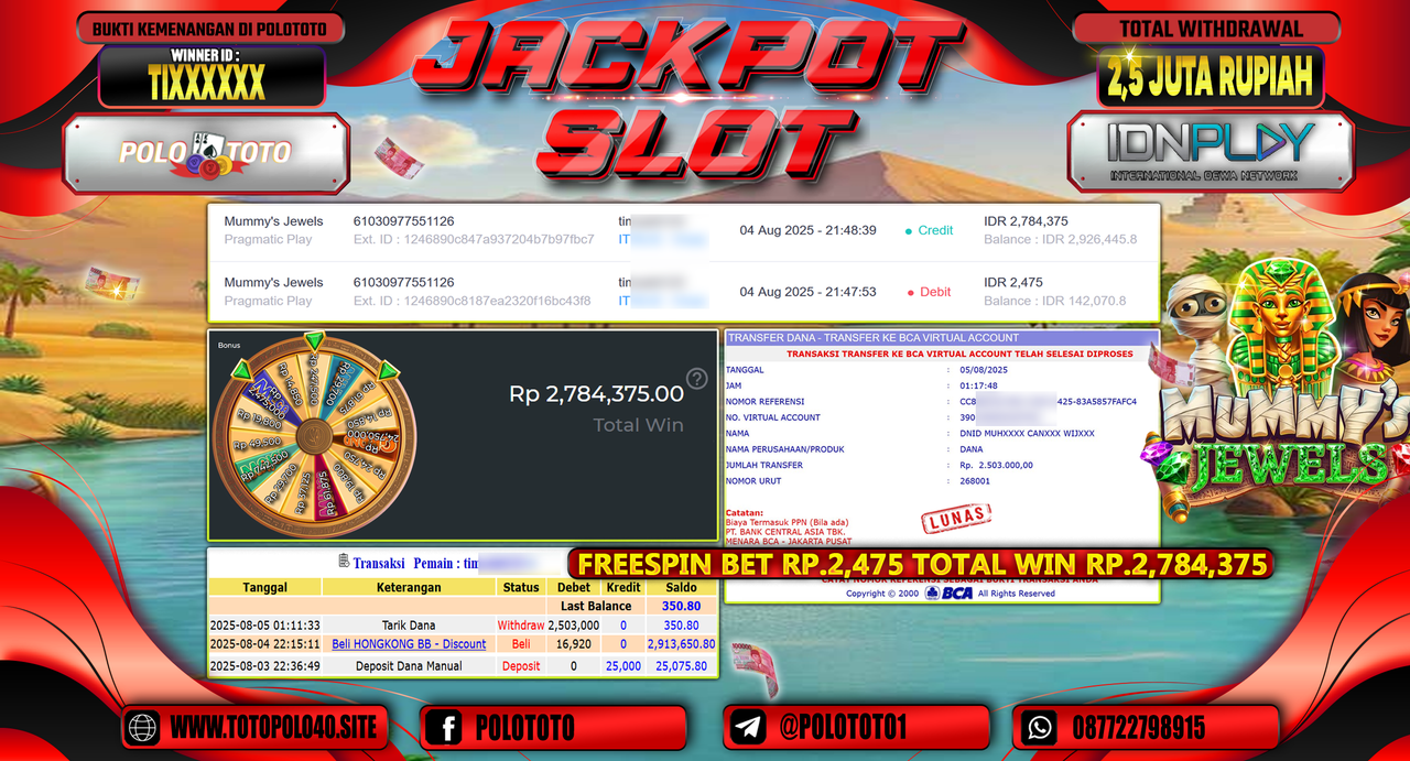 POLOTOTO JACKPOT SLOT MUMMY S JEWELS Rp.2.500.000,-LUNAS