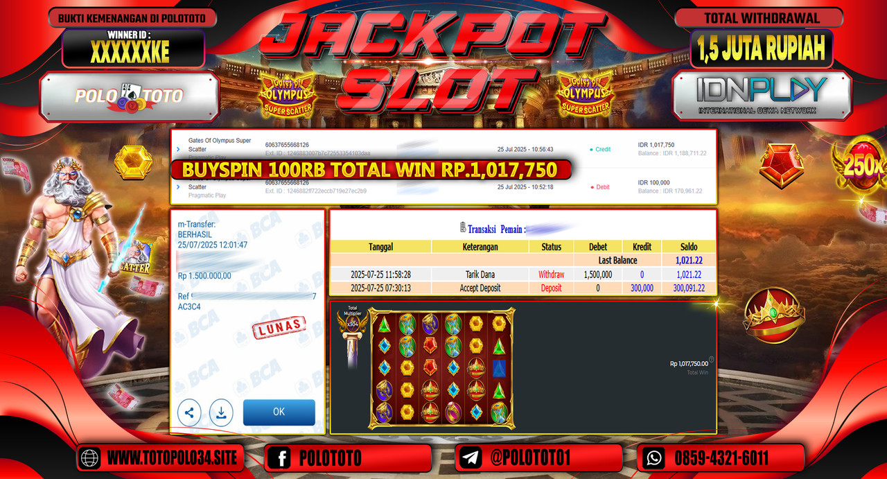 POLOTOTO JACKPOT SLOT GATES OF OLYMPUS SUPER SCATTER Rp.1.500.000,- LUNAS