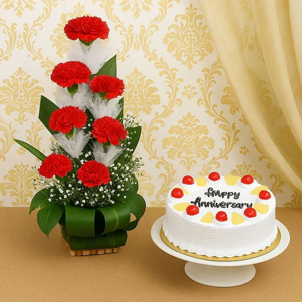 Anniversary Cake N Flowers Duo Image