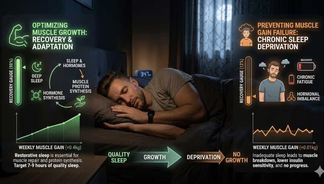 Person sleeping peacefully in dark bedroom with alarm clock showing morning, representing importance of recovery for muscle growth and why no muscle gain