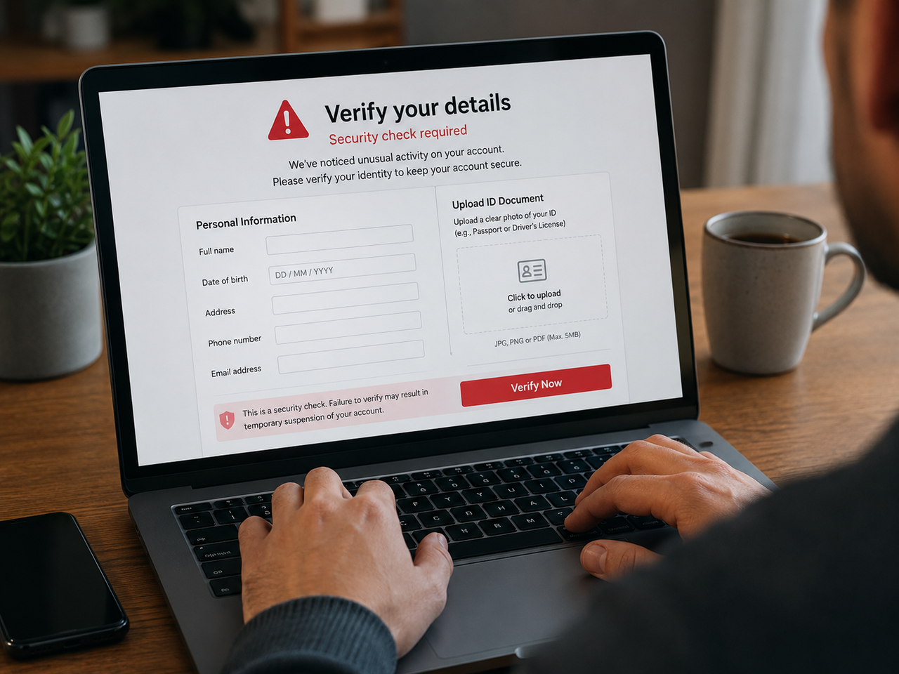 Fake online verification form asking for personal identity documents and banking details