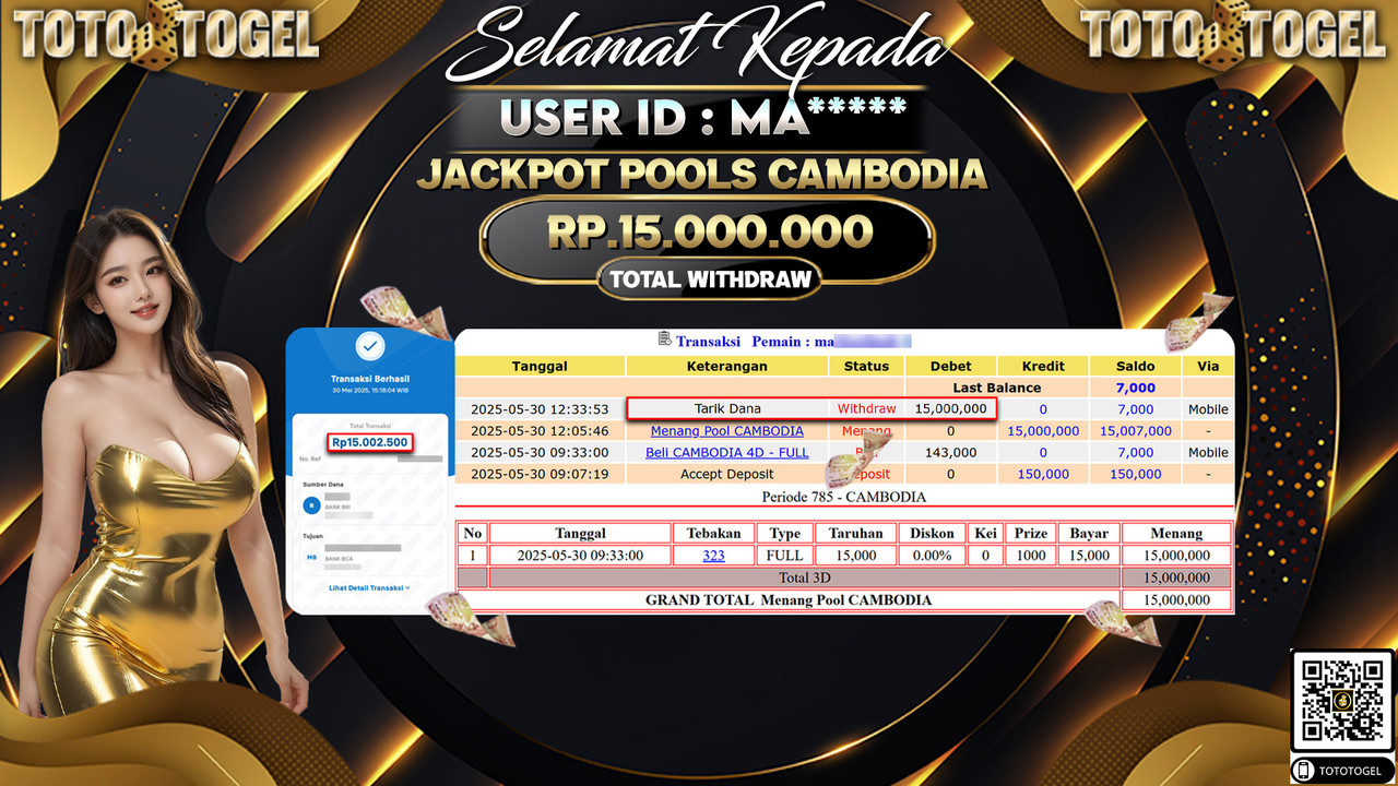 Bukti Pembayaran Jackpot Permainan Togel Pools Cambodia ID:MA***** LUNAS