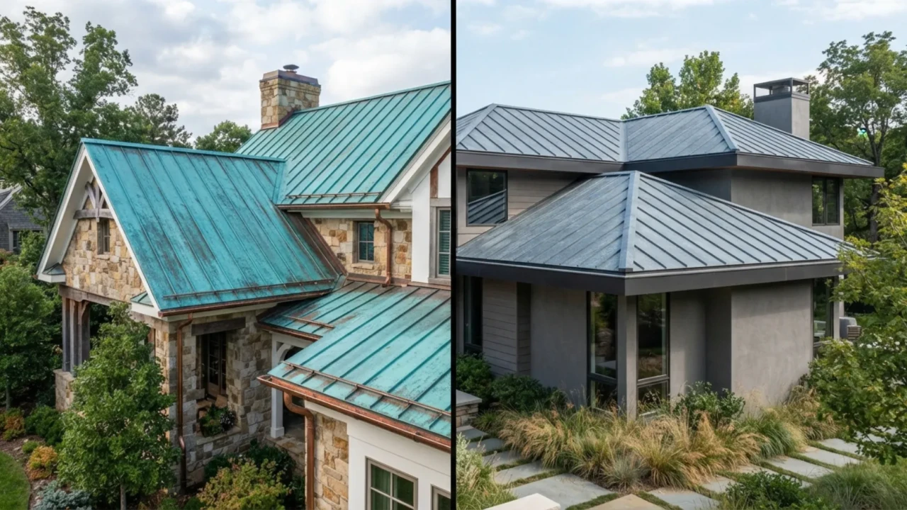 Copper and zinc metal roof patina on architectural residential building