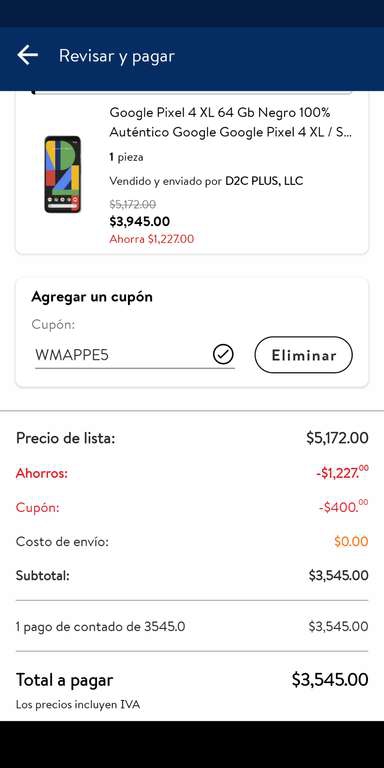 Walmart: Google pixel 4 xl reacondicionado 64 GB