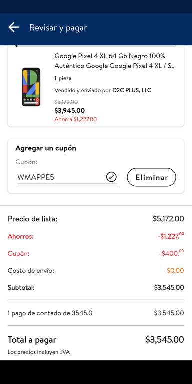 Walmart: Google pixel 4 xl reacondicionado 64 GB 
