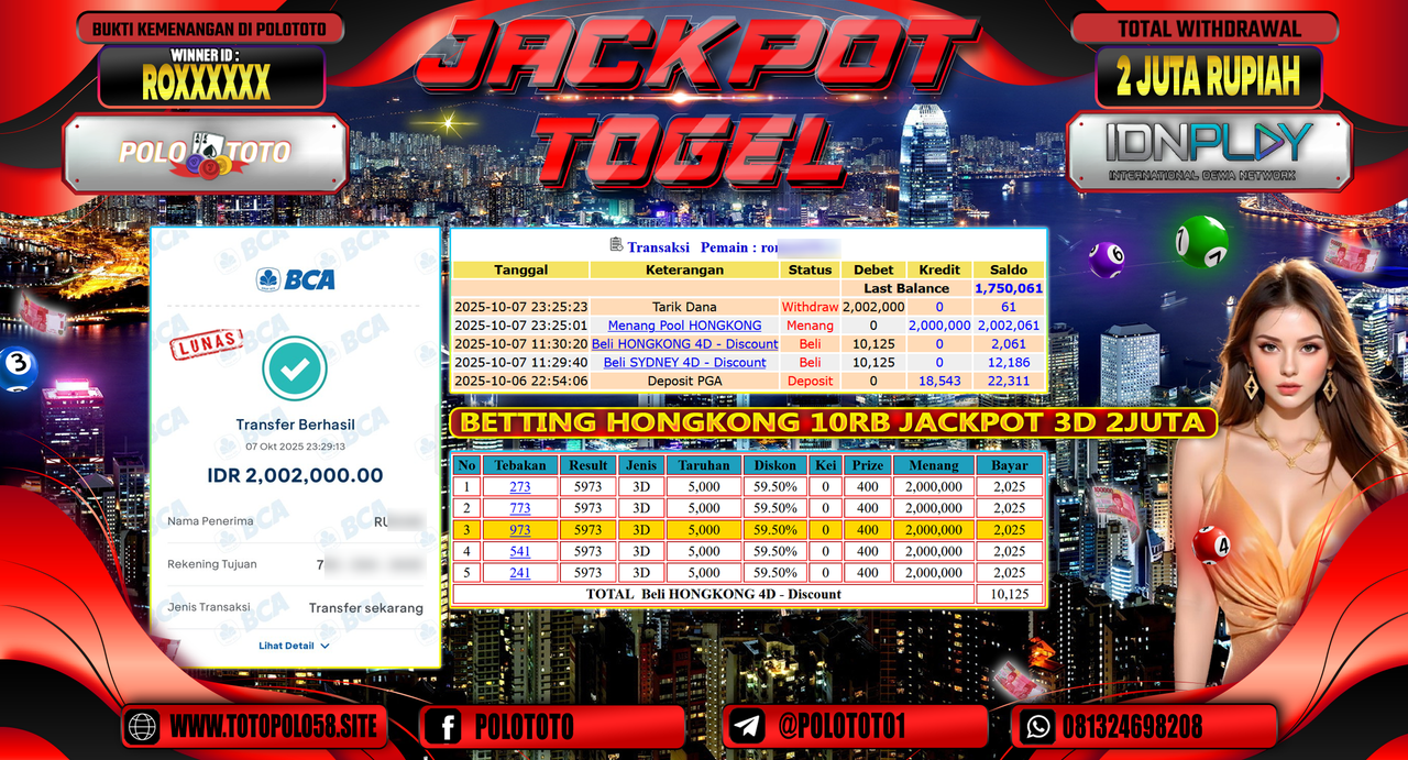 POLOTOTO JACKPOT TOGEL HONGKONG LOTTO Rp.2.000.000,- LUNAS