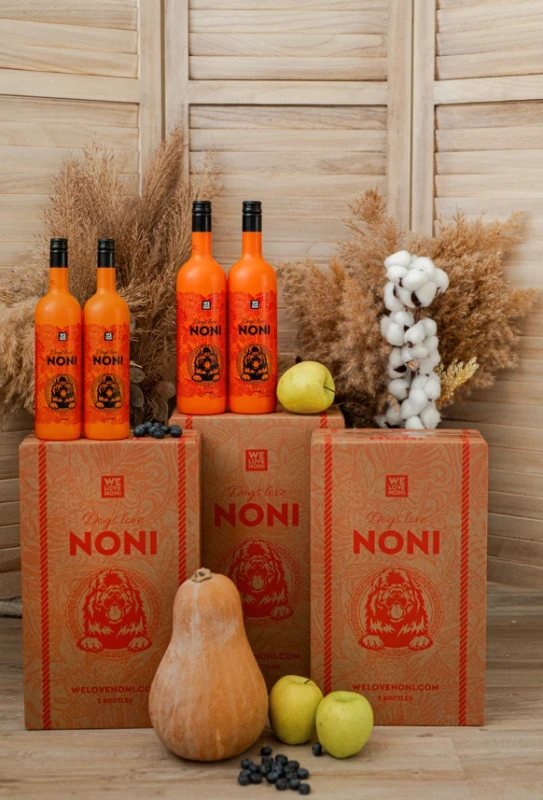 Dogs Love Noni fermented noni juice for dogs — 750ml branded orange glass bottle