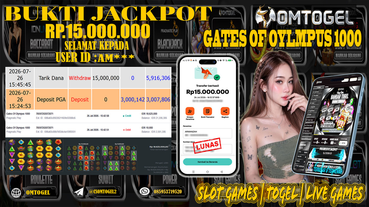 OMTOGEL JACKPOT PRAGMATICPLAY GATES OF OLYMPUS 1000  Rp,15,000,000,- DIBAYAR LUNAS