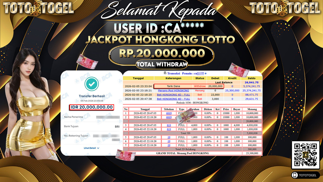 Bukti Pembayaran Jackpot Permainan Togel Hongkong Lotto ID:CA*****LUNAS