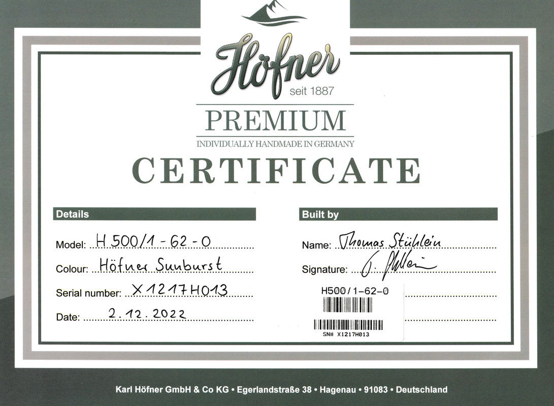 Hofner - Karl Höfner GmbH. -  Un icono del siglo XX. Bajo 500/1  - Página 3 COA