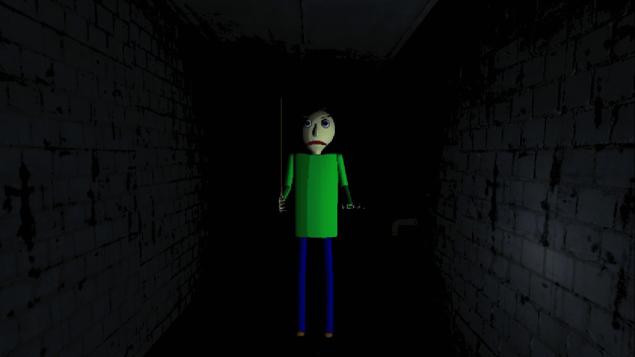 Angry Baldi in a dark hallway