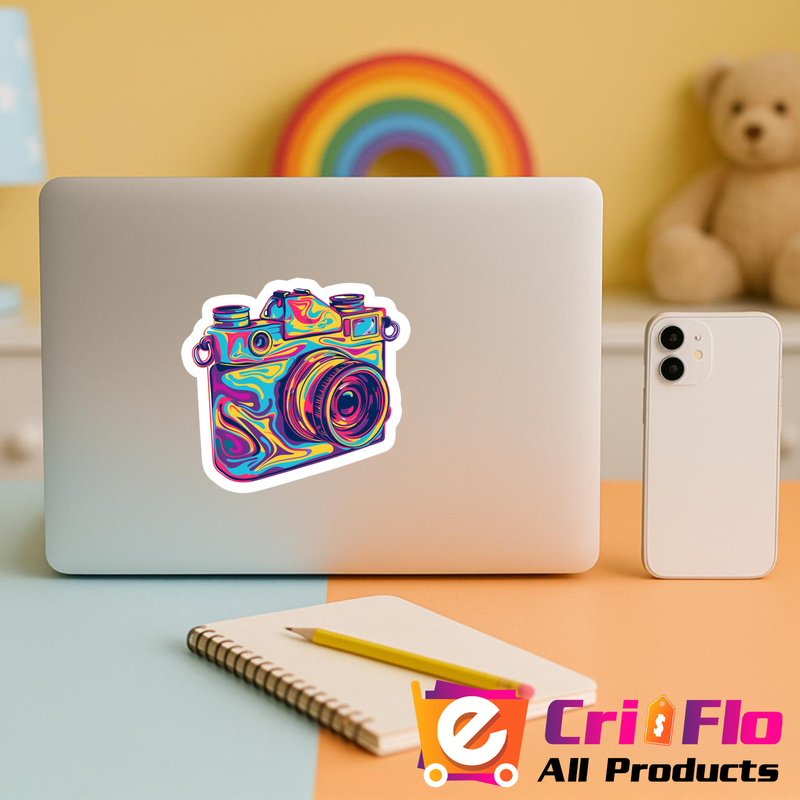 Sticker Camera foto retro in culori vibrante, Autoadeziv, Cri-Flo, Marime 25 cm