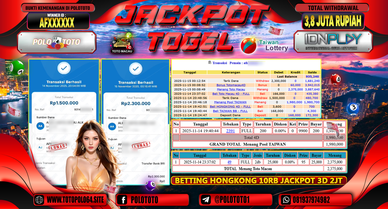 POLOTOTO JACKPOT MENANG TOGEL TOTO MACAU DAN MENANG POOL TAIWAN Rp.3.800.000,- LUNAS
