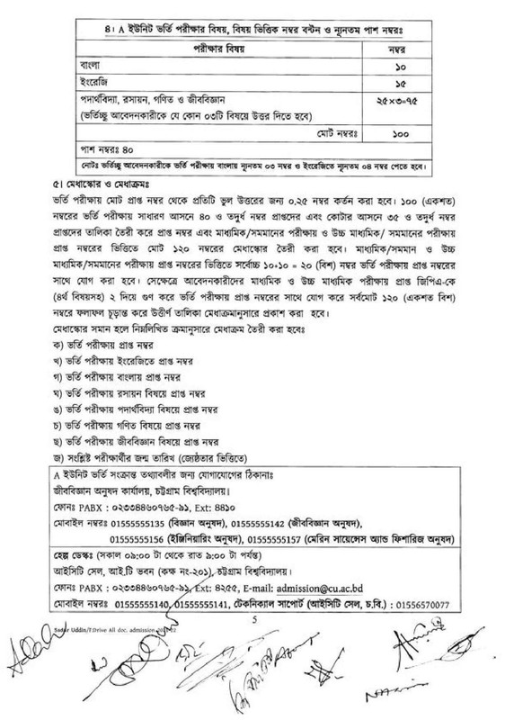 Chittagong University A Unit Admission Circular 2021-22