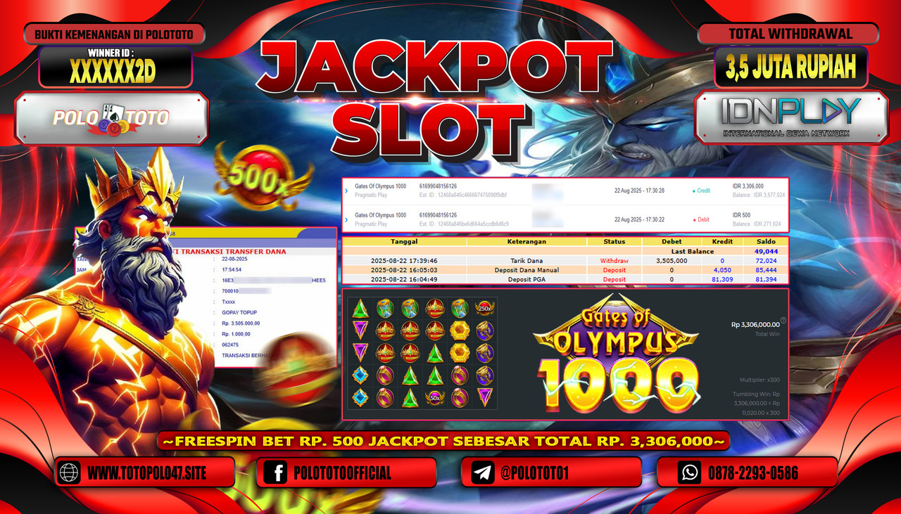 POLOTOTO JACKPOT SLOT GATES OF OLYMPUS 1000 Rp.3.500.000,- LUNAS