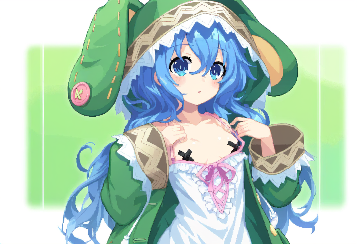 1girl, yoshino (date a live), blue hair, blue eye, Green Coat, animal hood down, s-2957608137