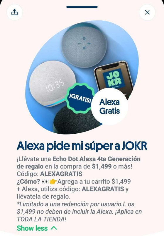 JOKR Alexa gratis en la compra de 1500 
