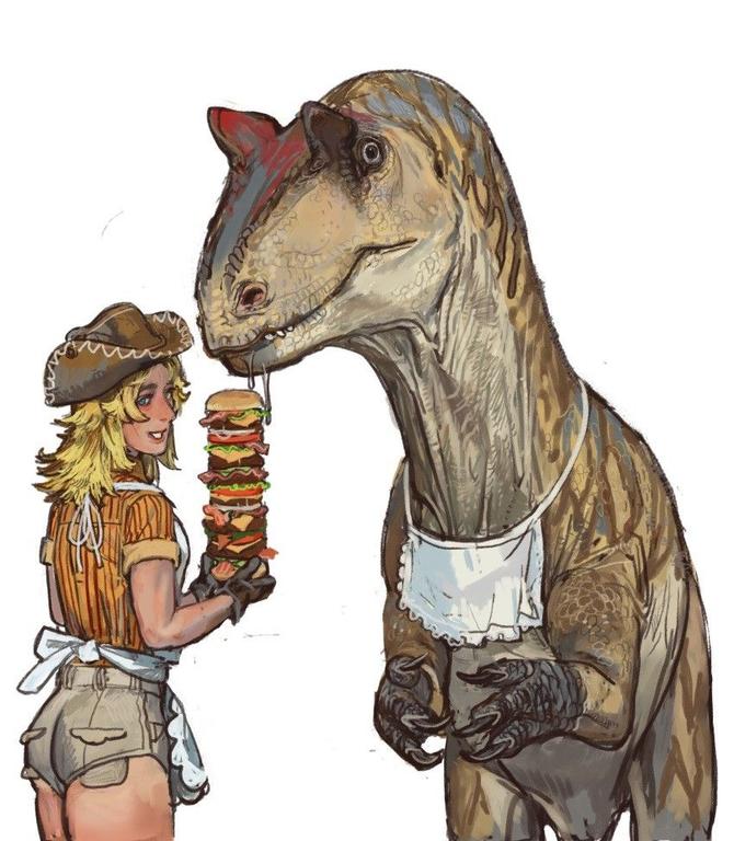 Cheeseburgers and Allosaurus can't think of a more American combo (except when Allosaurus leaves for vacation in Portugal)