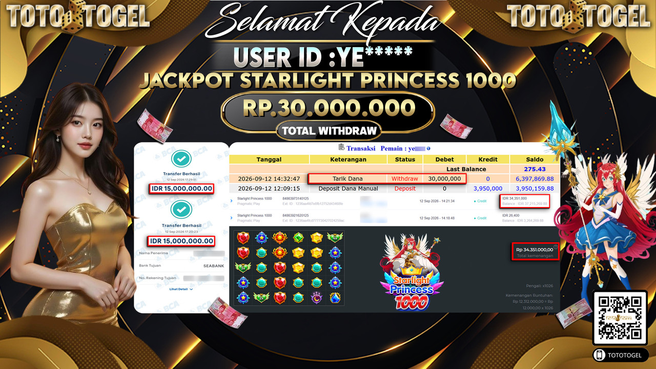 Bukti Pembayaran Jackpot Slot Starlight Princess 1000  ID:YE*****LUNAS