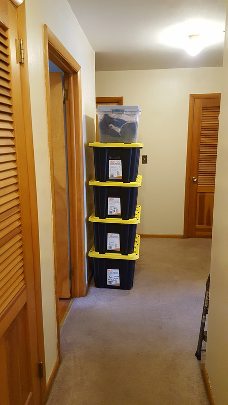 Son's tower of stuff in hall
