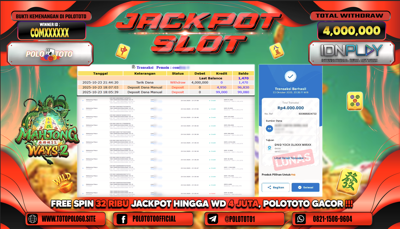POLOTOTO JACKPOT SLOT MAHJONG WAYS Rp.4.000.000,- LUNAS