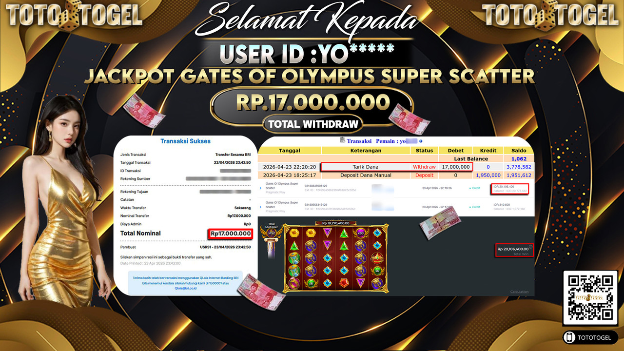 Bukti Pembayaran Jackpot Permainan Slot Gates Of Olympus Super Scatter ID:YO*****LUNAS