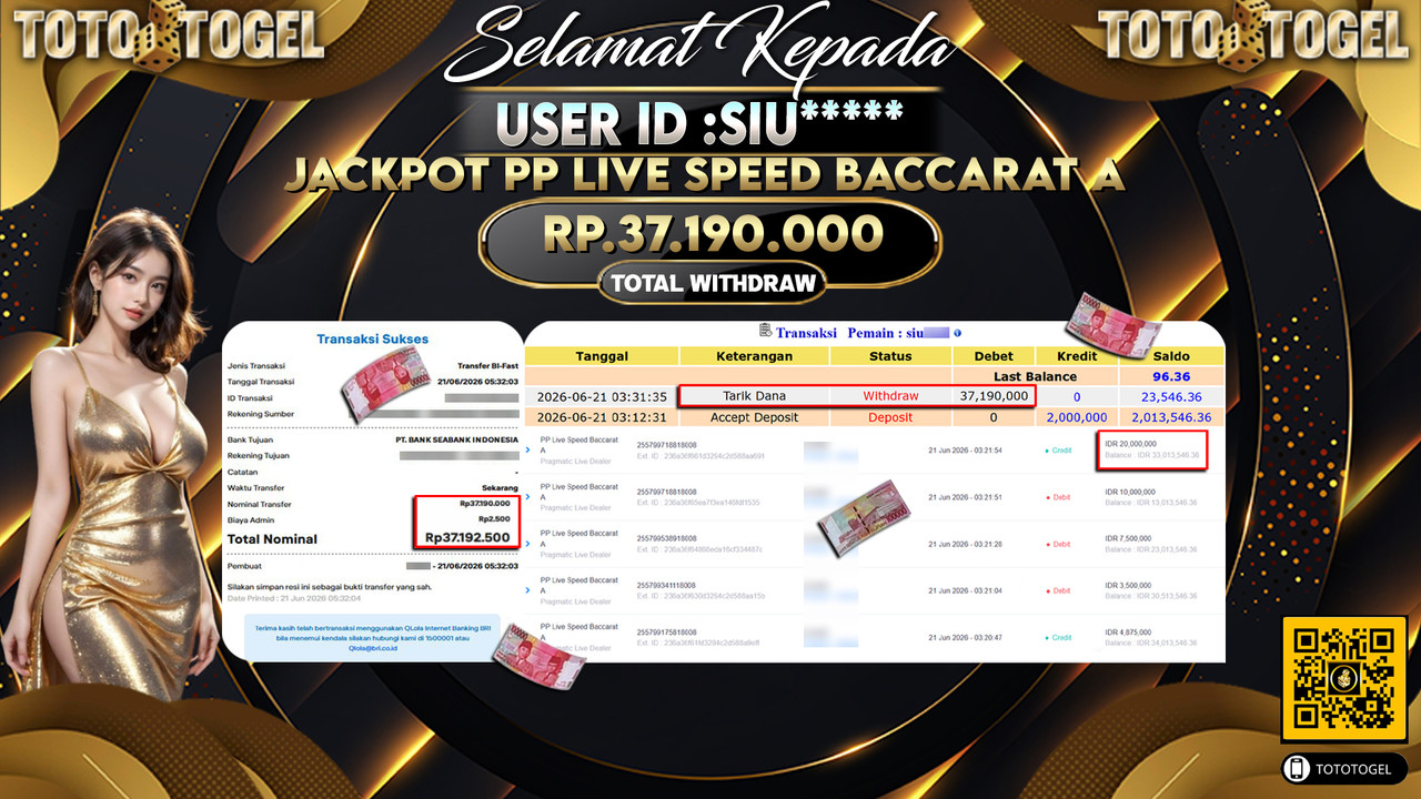Bukti Pembayaran Jackpot Permainan Pragmatic Live PP Live Speed Baccarat A ID:SIU*****LUNAS