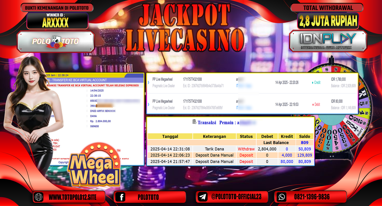 POLOTOTO JACKPOT LIVE CASINO PP LIVE MEGAWHEEL Rp.2.800.000,- LUNAS