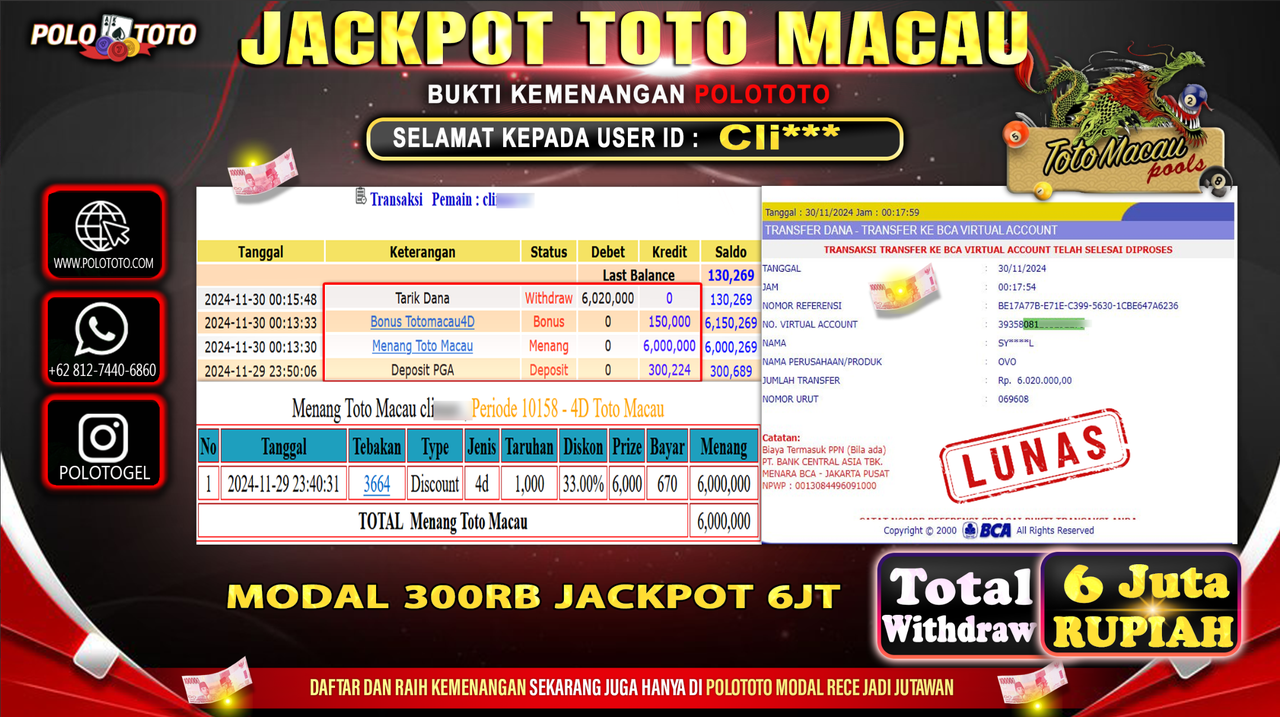 POLOTOTO JACKPOT TOGEL TOTO MACAU Rp.6,020.000,-