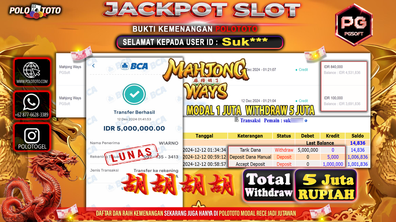 POLOTOTO JACKPOT SLOT MAHJONG WAYS Rp.5,000.000,-