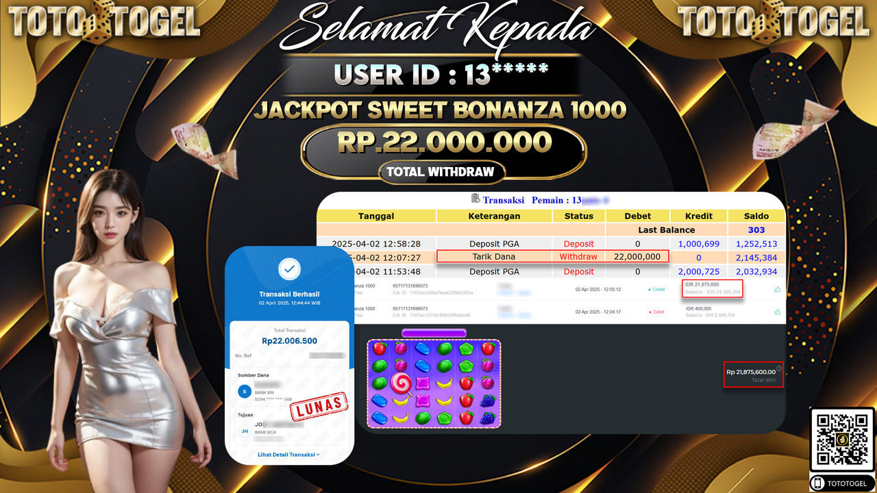 Bukti Pembayaran Jackpot  Permainan Togel Slot Sweet Bonanza 1000 ID13**** LUNAS