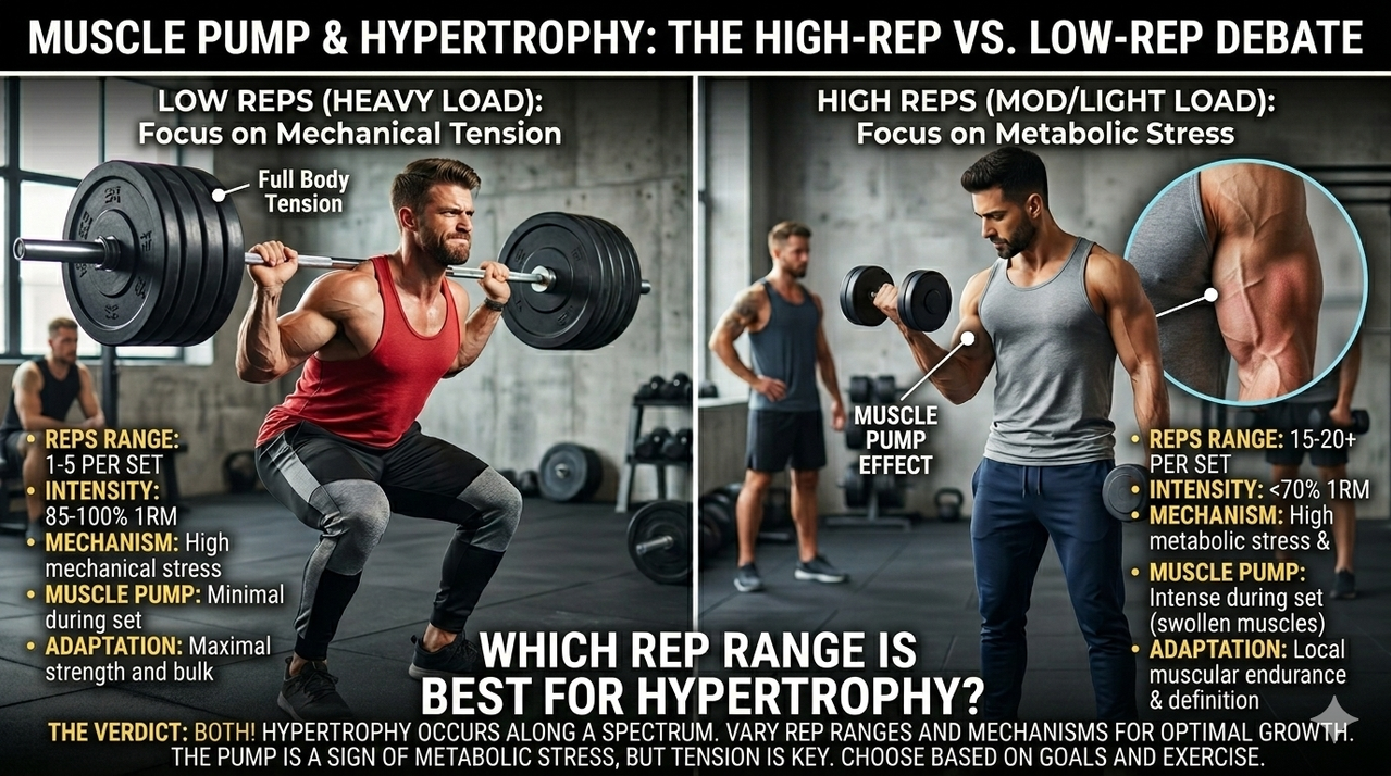 Person experiencing muscle pump during high-rep set for high reps vs low reps which is best for hypertrophy debate
