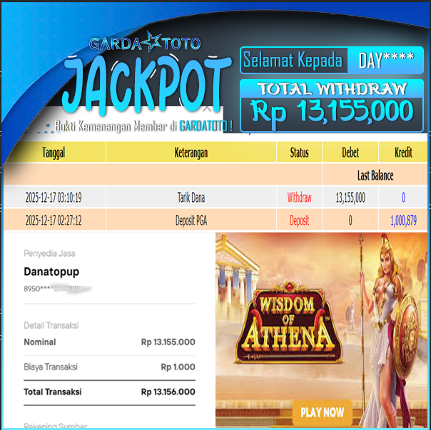 JACKPOT DI PERMAINAN SLOT PRAGMATIC PLAY Wisdom Of Athena WD Rp13,155,000,- DIBAYAR LUNAS GARDATOTO MANTAP!