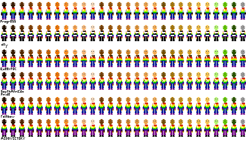 a row of people with pride flag shirts and white hair