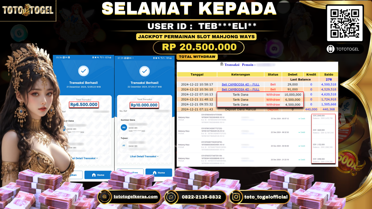Bukti Pembayaran Jackpot  Permainan Slot Mahjong Ways : TEB***ELI** LUNAS
