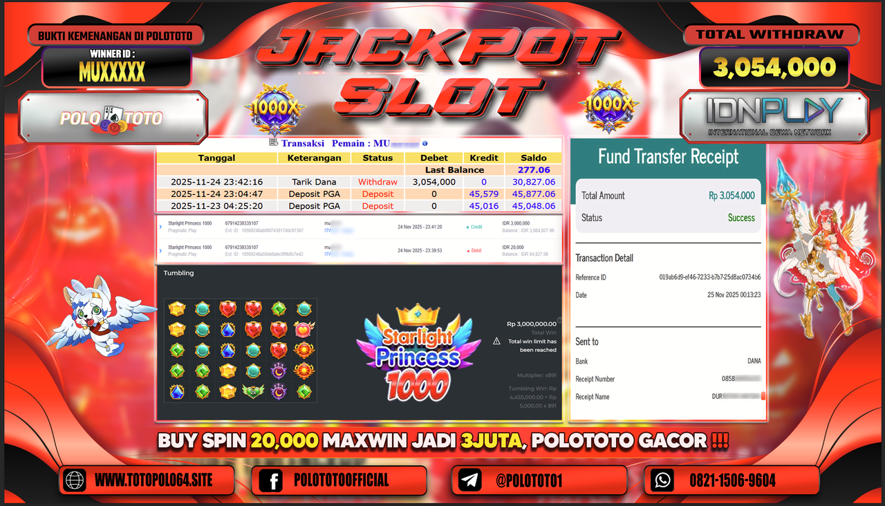 POLOTOTO JACKPOT SLOT STARLIGHT PRINCESS 1000 Rp.3.054.000,- LUNAS