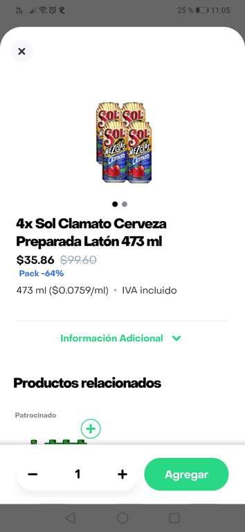 Rappi: 4 latones de sol con clamato por 36 pesos por rappi turbo. 
