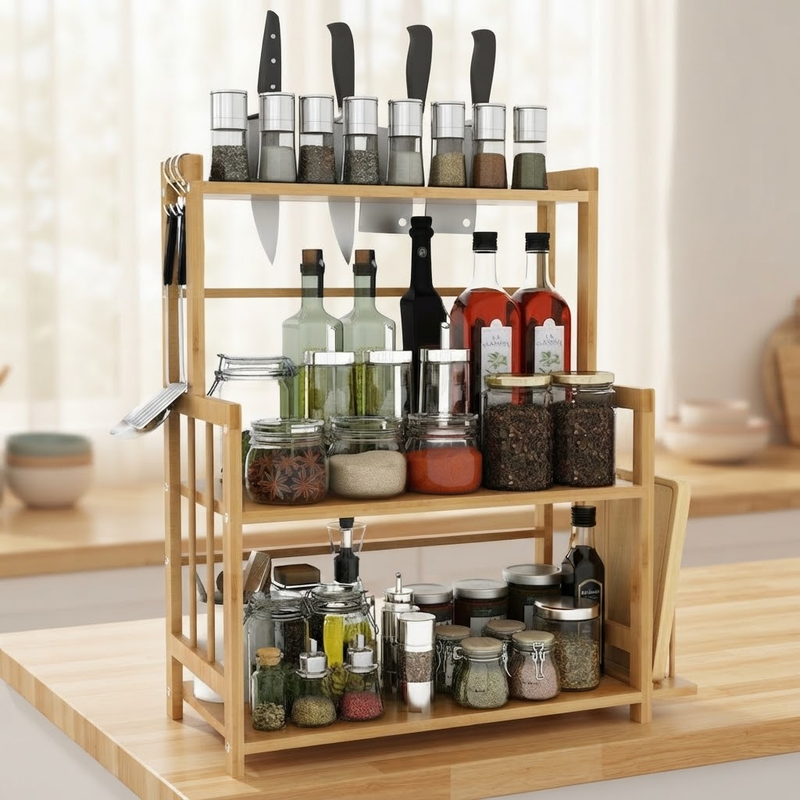 3-Tier Freestanding Bamboo Spice Rack Storage Organizer with Knife Holder for Kitchen