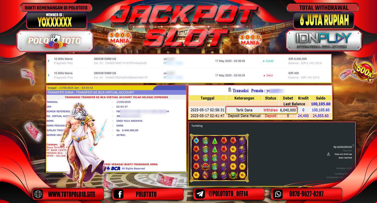POLOTOTO JACKPOT SLOT 15.000X MANIA Rp.6.040.000,-