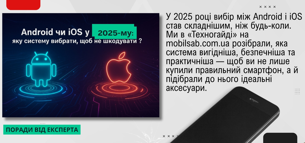 банер Android vs iOS 2025 — порівняння мобільних операційних систем. «Android чи iOS у 2025-му: яку систему вибрати, щоб не шкодувати?»