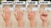 Tendon glides hand exercise demonstrating a hook fist to reduce mouse finger pain