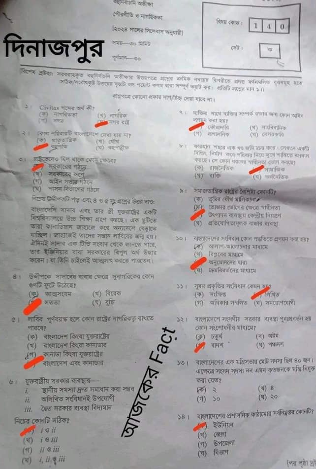 দিনাজপুর বোর্ড এসএসসি পৌরনীতি ও নাগরিকতা প্রশ্ন সমাধান ২০২৪