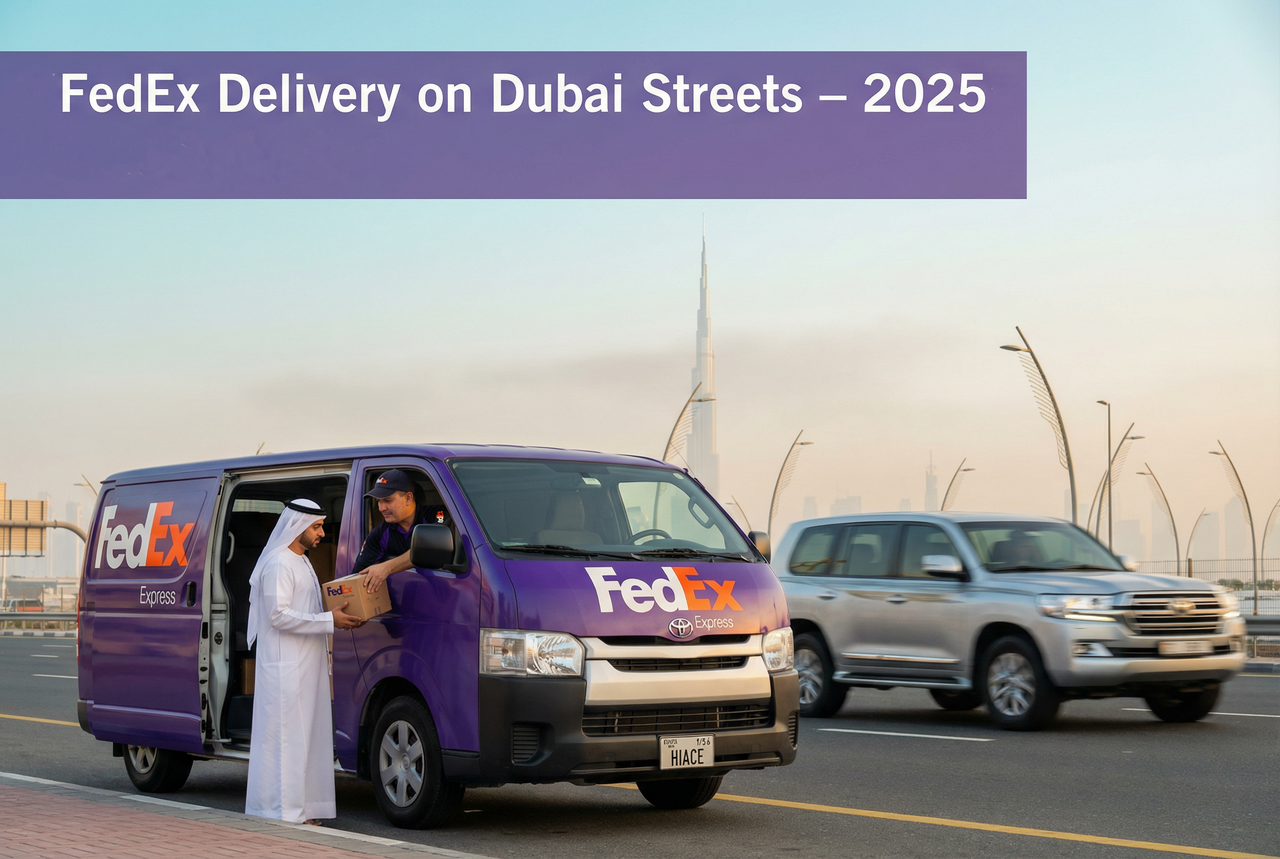 FedEx delivery driver making express courier delivery on Dubai street in 2025 - international shipping services