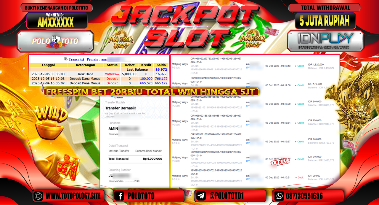 POLOTOTO JACKPOT SLOT MAHJONG WAYS Rp.5.000.000,- LUNAS