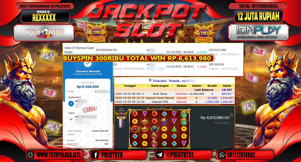 POLOTOTO JACKPOT SLOT GATES OF OLYMPUS SUPER SCATTER Rp.12.000.000,- LUNAS