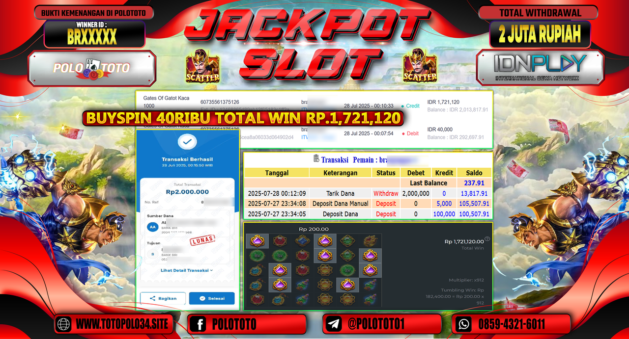 POLOTOTO JACKPOT SLOT GATES OF GATOT KACA 1000 Rp.2.000.000,-LUNAS